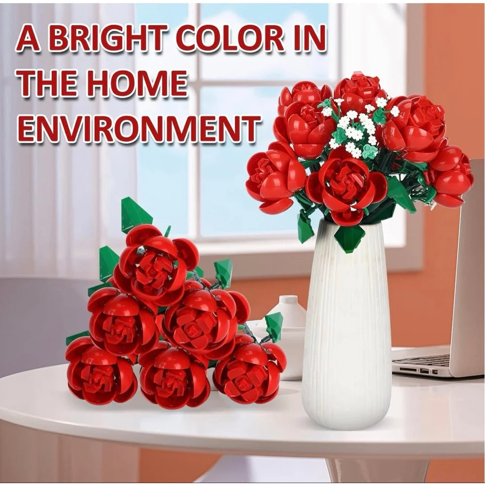 NEW Dexblocks Red & White Faux Floral Rose Bouquet Building Blocks One Size